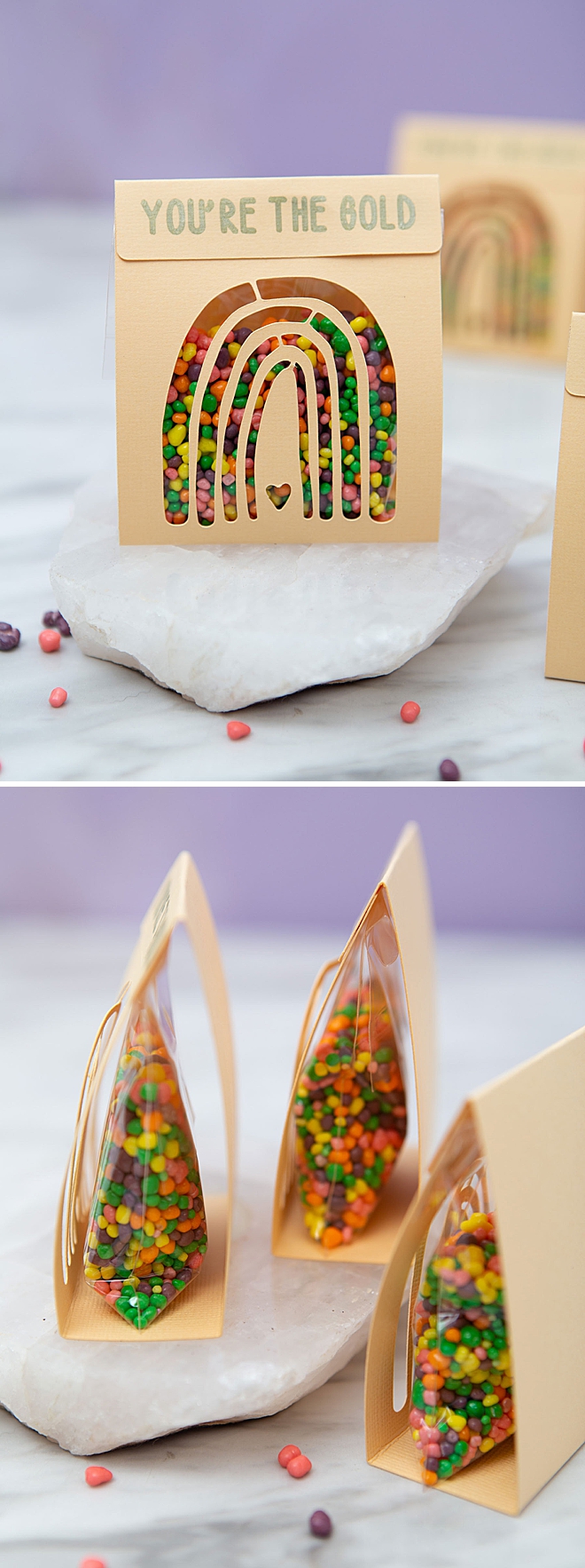 Fill these darling DIY treat pouches with your favorite rainbow candies!