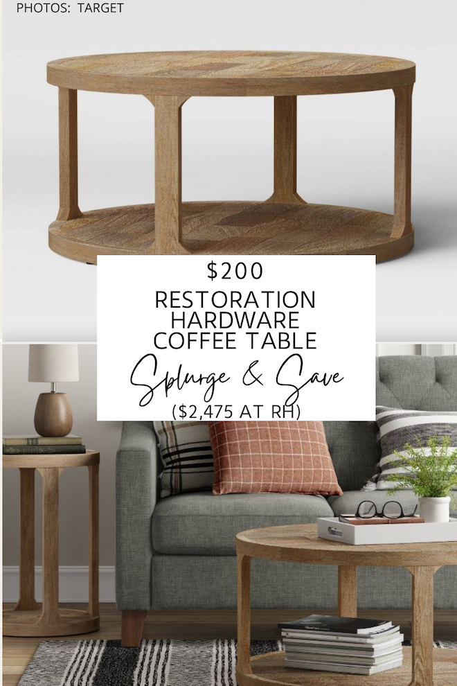   I've got a bunch of round and rectangle coffee tables that look like the Restoration Hardware Martens table but cost WAY less. If you've always dreamed of having a Restoration Hardware living room, you need my copycats in your life. #dupes #dupe #lookforless #knockoff #livingroom #coffeetable