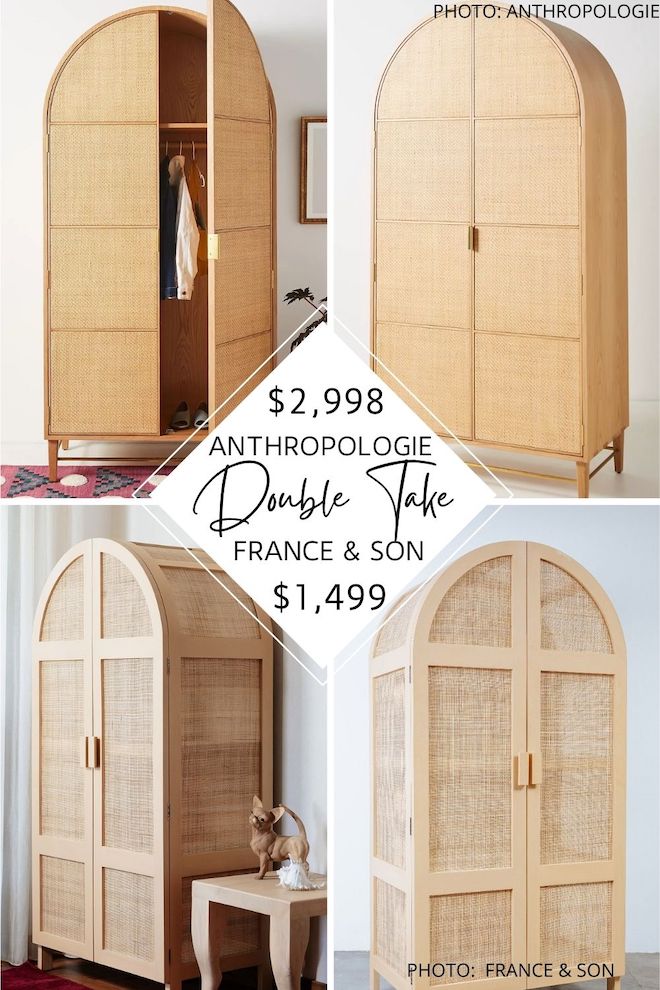 Looking for an Anthropologie Wallace Armoire dupe? I’ve found an Anthropologie copycat that is HALF the price of the Anthropologie Wallace Cane and Oak Armoire but will gave you the same look for less. Whether you’re using it for storage or looks, you’ve got to see this Anthropologie look-alike. #knockoff #house #decor #dupes