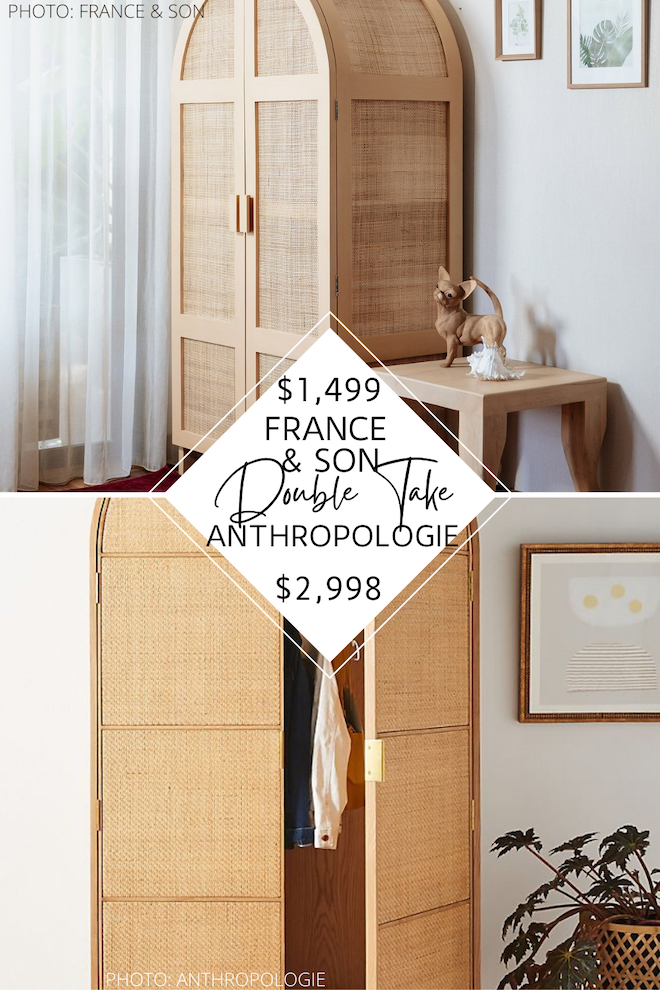 Looking for an Anthropologie Wallace Cane and Oak Armoire Dupe? If you love arched armoires and furniture, you’ve to see this copycat. My look for less will save you literally half of the price and will give you the Anthropologie style but for $1,500 less. Storage that looks good? Yes please. #inspo #design #knockoff #decor