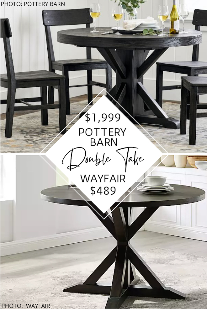 Can we just talk about this Pottery Barn dupe? If you love looks for less, copycats, knockoffs, and decorating on a budget, this budget tip is for you! This round farmhouse dining table is a great dupe for the Pottery Barn Benchwright Round Dining Table. Furniture that looks like Pottery Barn = money savings! #inspo #decor #design #goals