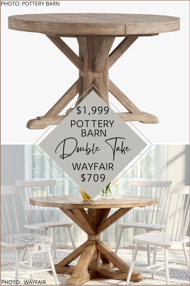 Have you always dreamed of having a Pottery Barn kitchen or a Pottery Barn dining room? If you love furniture but are decorating on a budget, you’ve got to see my Pottery Barn Benchwright Round Dining Table dupe. This farmhouse style table looks like Pottery Barn but will save you over $1,000. Get the look for less! #inspo #design #looksforless #decor