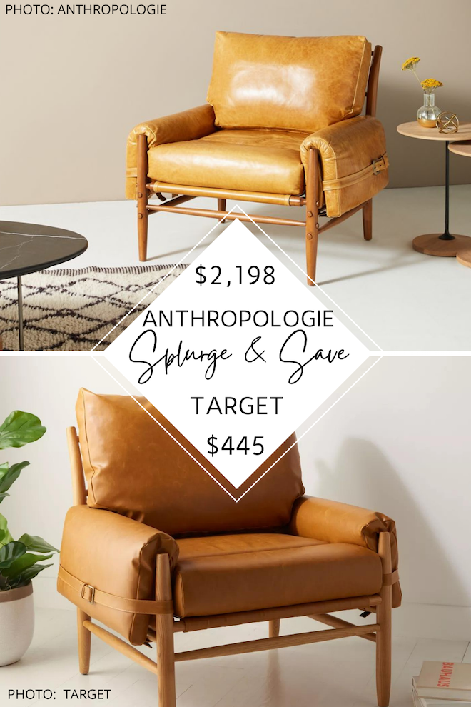 Love Anthropologie dupes? This Anthropologie Rhys Leather Chair dupe is camel leather, has a mid-century style, and even has a buckle - just like the Anthropologie version. This MCM accent chair would look perfect in a transitional living room or home office. #inspiration #decor #design #knockoff