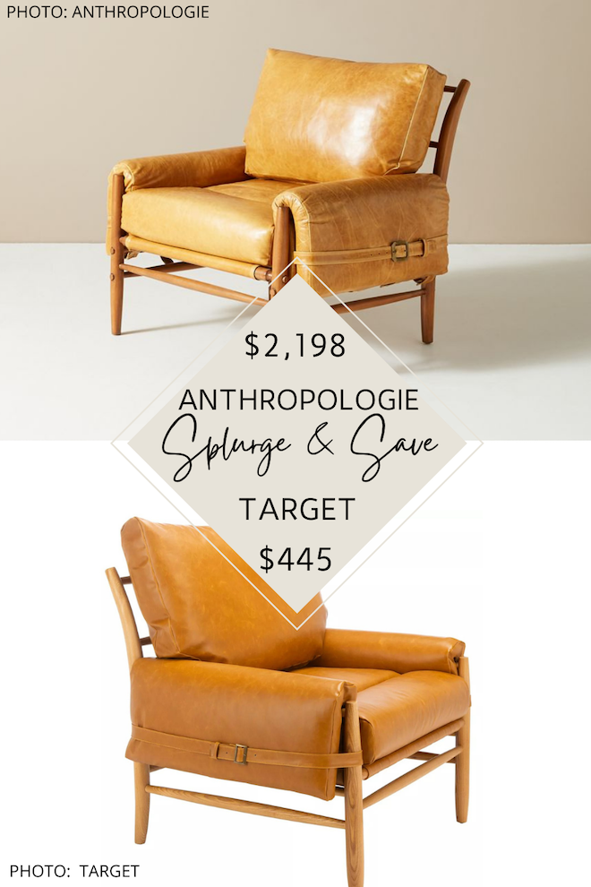 This Anthropologie Rhys leather chair dupe will give you the Anthropologie living room you’ve always dreamed of. The brown cognac leather and buckles make the perfect accents and would go perfectly with  transitional, modern traditional, or eclectic decor. #inspiration #design #knockoff #copycat