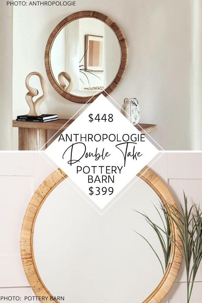 This round rattan mirror is boho, coastal ad super chic! I found it at Pottery Barn and also Anthropologie. This would look great as a bathroom mirror, bedroom mirror, or at en entryway. #inspiration #decor #transitional 