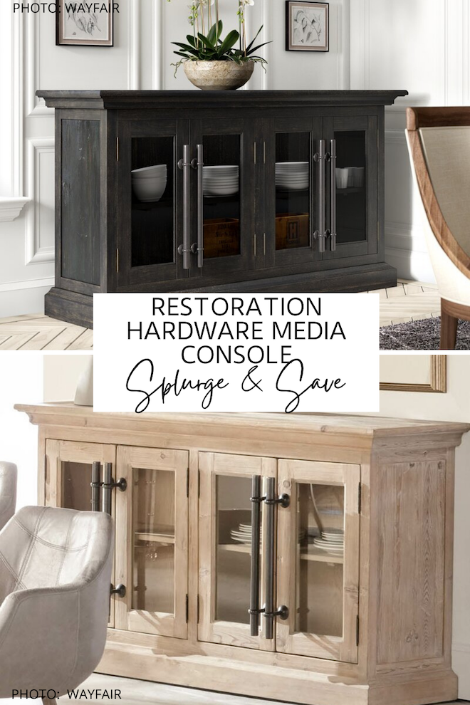 OMG this Restoration Hardware English Brass Bar Pull media unit dupe is everything! If you love furniture that looks like Restoration Hardware, you've got to see this TV stand copycat! It will give you the Restoration Hardware living room that you've always dreamed AND give you storage. #inspiration #copycat #knockoff #decor