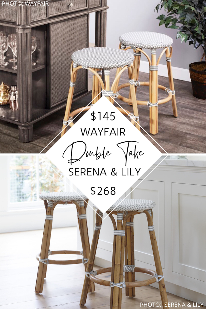 Woven rattan, wicker, and coastal style - oh my! These Serena and Lily stool dupes will save you $100 per stool  and give your kitchen major Parisian bistro vibes. They are a little boho, a little coastal, and a lot chic AND they come in a variety of colours (blue, grey, white, cream, tan…the list goes on). #inspiration #decor #design #knockoff