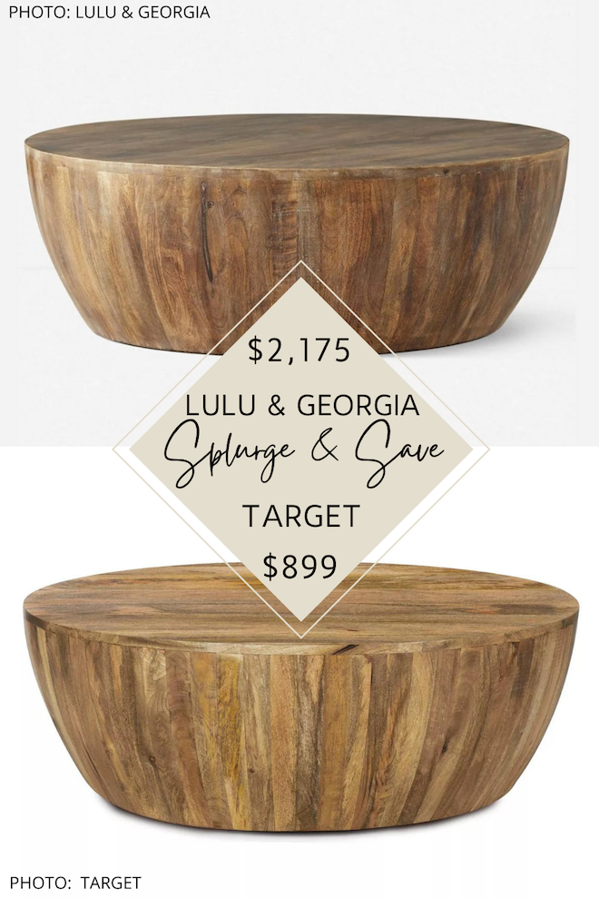 Can we just talk about this Lulu and Georgia coffee table dupe?! If you love wood drum coffee tables and are decorating on a budget, you need this knockoff in your life. The Lulu and Georgia Orseline round coffee table dupe will give you the same boho, neutral, natural living room of your dreams and do it on budget. #inspiration #decor #lookforless #design