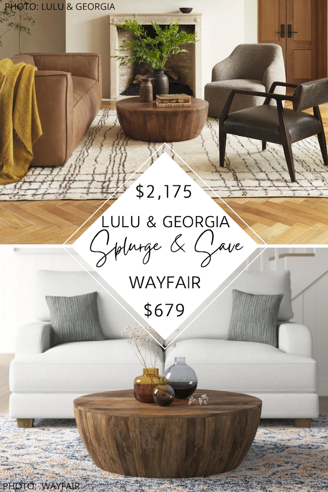 If you love Lulu and Georgia dupes, you've go to see my Lulu and Georgia Orseline Round coffee table dupe. This round wood drum coffee table is a little farmhouse, a little boho, and a lot stylish. The best part? I found this style on Wayfair, Target, Amazon, and Etsy - affordable coffee tables for the win! #inspiration #knockoff #lookalike #discount