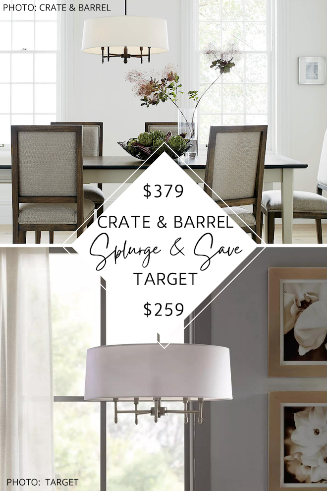 Love Crate and Barrel looks for less? If you want a modern traditional chandelier, check out my Crate and Barrel Splurges and saves. You can decorate on a budget and get the transitional chandelier that you've always dreamed of. #inspiration #decor #lighting #knockoff #dupe