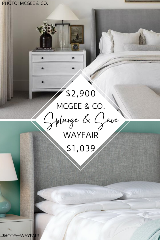 This mcgee and co walt bed dupe will give you the modern traditional bedroom of your dreams. If you love Studio mcgee dupes, you've got to see this neutral upholstered bed. Also known as a shelter bed, it's cozy, transitional, and affordable. Three cheers for looks for less! #inspiration #decor #design #home #knockoff