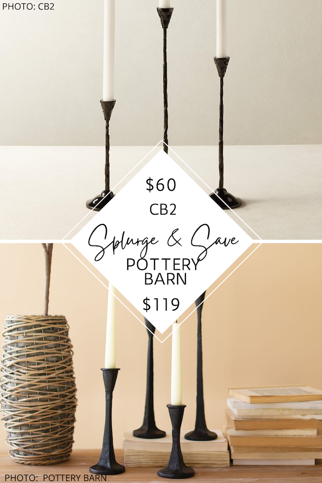 If you're looking for affordable black or gold taper candlesticks, you've got to see this Pottery Barn candle dupe. They are perfect as modern traditional, transitional, farmhouse, or traditional home decor. #arhaus #decor #copycat #lookforless