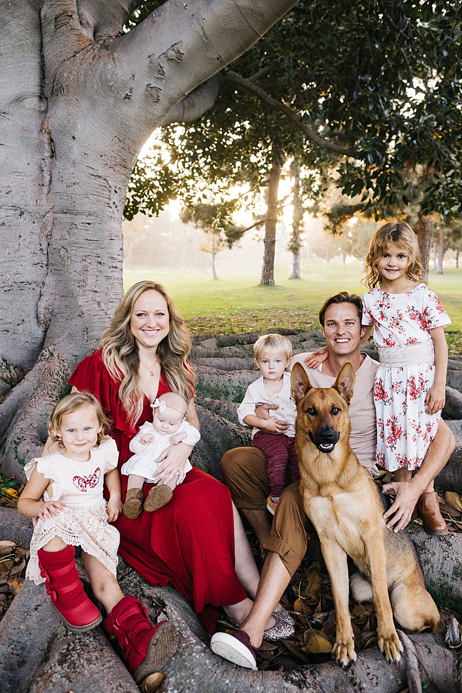 Beautiful red and beige family photo shoot in the park
