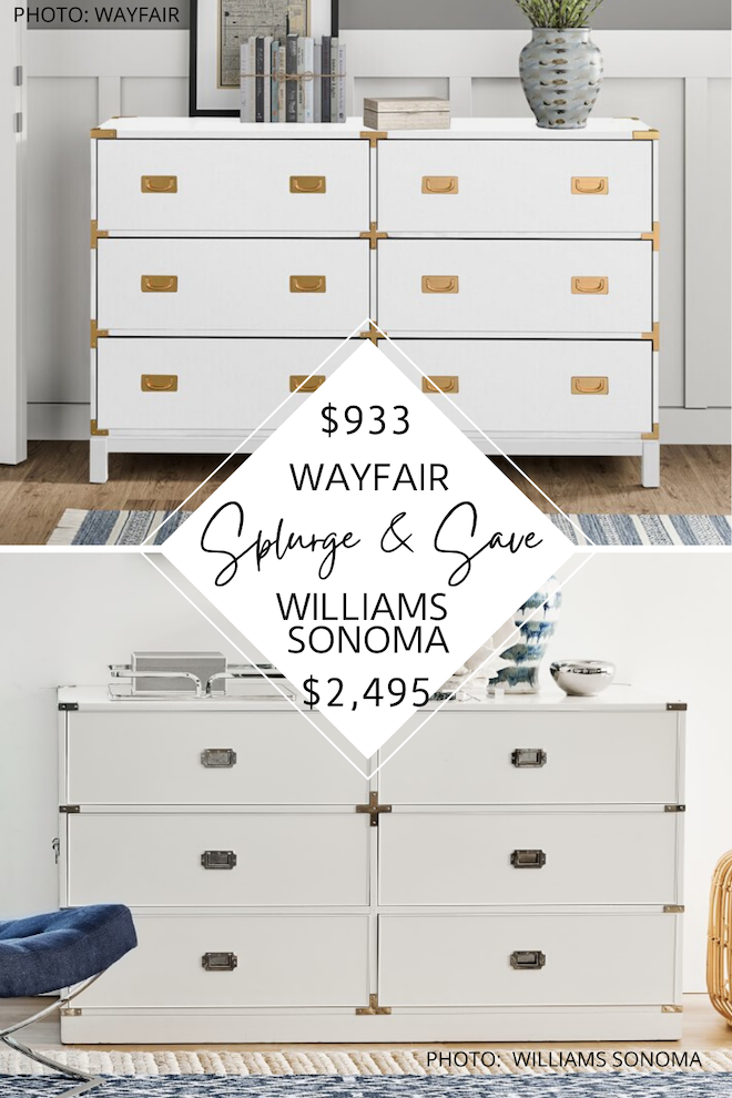 This Williams Sonoma dresser dupe will blow your mind! It's a campaign style dresser with gold hardware and rectangle pulls, but will get you the look for $2,000 LESS! Decorating on a budget is the best! #inspiration #decor #style #bedroom