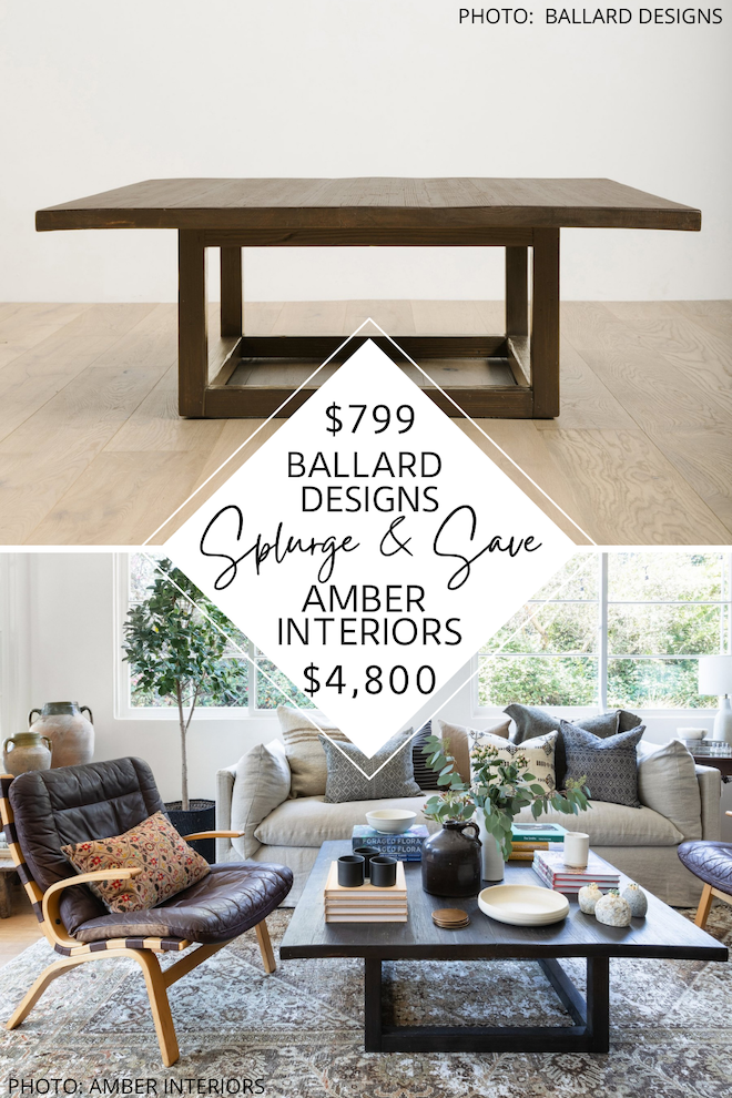 This Amber Interiors dupe is amazing. I found an Amber Lewis Woodlake Coffee Table dupe that will save you $4,000! You can get the Amber Interiors look for less with this Ballard Designs coffee table. It has the same open square base and is solid wood too. #inspiration #livingroom #knockoff 