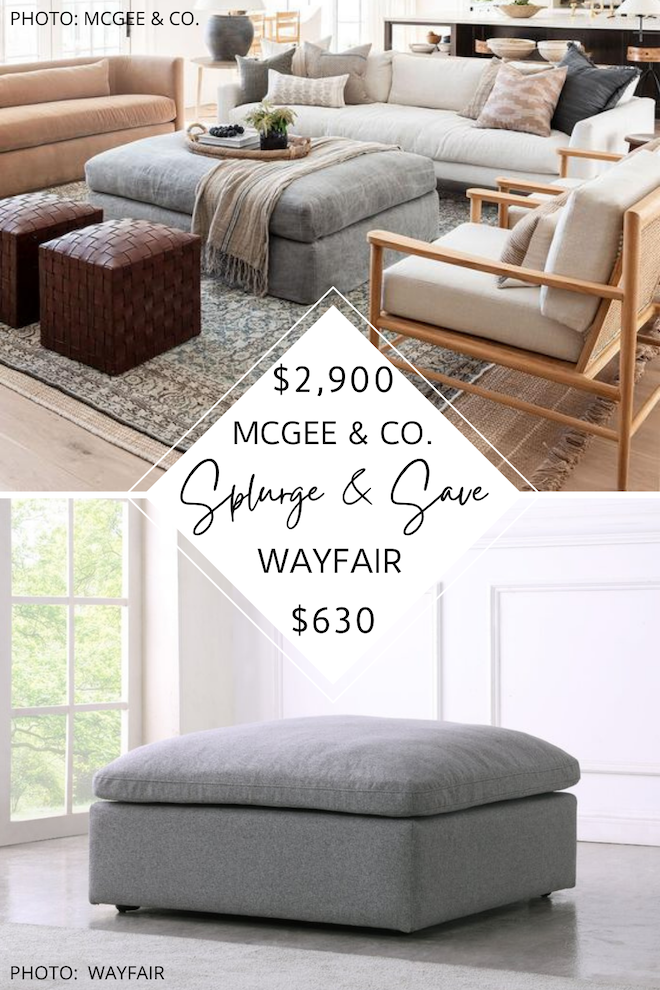 Do you love McGee and Co. dupes?  If you want McGee and Co. on a budget, you've got to see my McGee and Co. Macy Ottoman dupe. This down ottoman is a kid-friendly way to replace a coffee table and will give you the Studio McGee look for less. #decor #copycat #knockoff #dupes