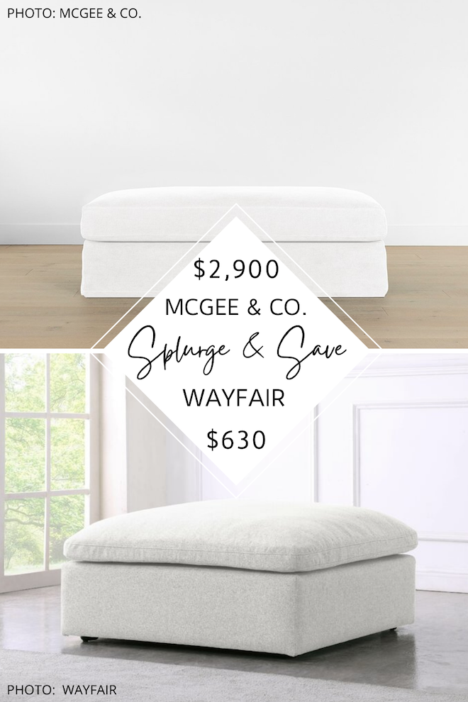 OMG this McGee and Co. Macy Ottoman dupe is everything! I found copycats from Amazon, CB2, and Wayfair. If you're decorating on a budget, look for less decor is a great way to do it! #knockoff #livingroom #copycat #dupes