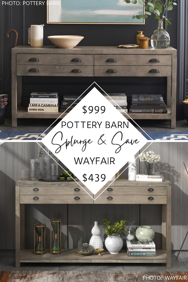 Can we talk about this Pottery Barn dupe!? This Pottery Barn Architect's console table dupe is everything. If you've always dreamed of having a pottery barn home, this is how you do it on a budget. #copycat #knockoffs #lookforless #highlow