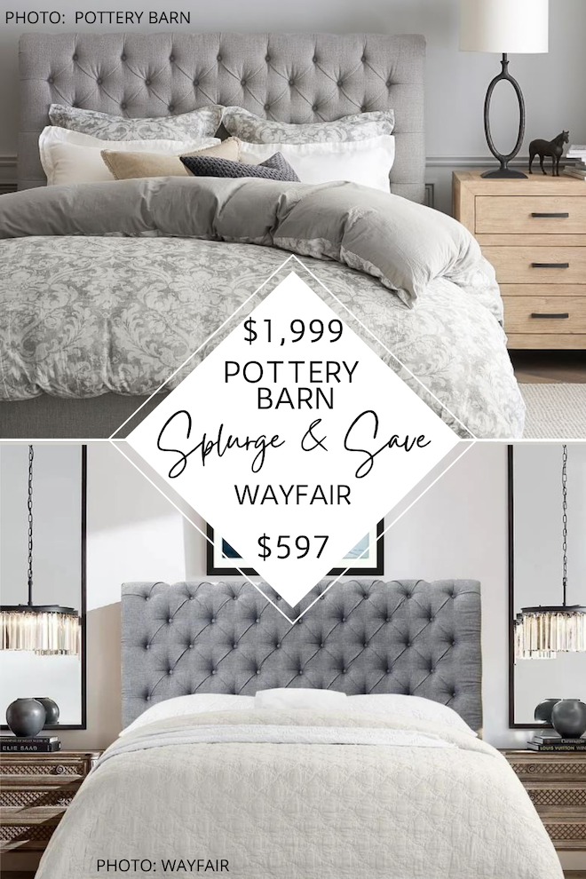   If you've always dreamed of having a Pottery Barn bedroom, this Pottery Barn Wayfair dupe is for you. It's the chesterfield bed and will get you the Pottery Barn look for less. #inspo #style #decor #decorating #knockoff #copycat