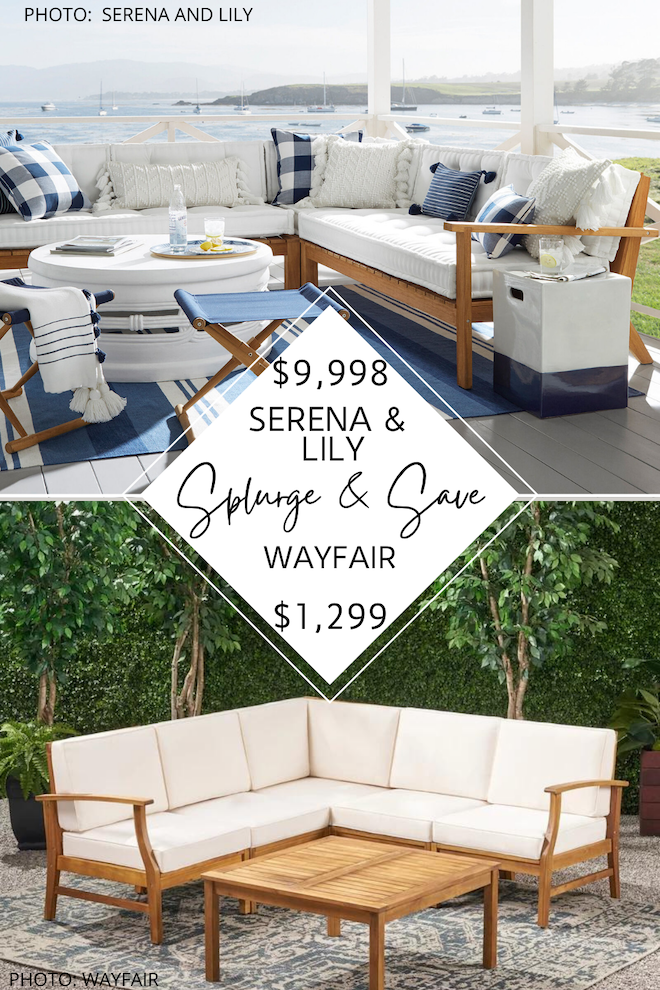    Are you looking for a Serena and Lily Teak Cliffside Patio Set dupe? I found a couch, accent chair, and sectional that will give you the coastal, Serena and Lily style that everyone loves.  #inspo #design #decor #knockoff #lookforless #copycat