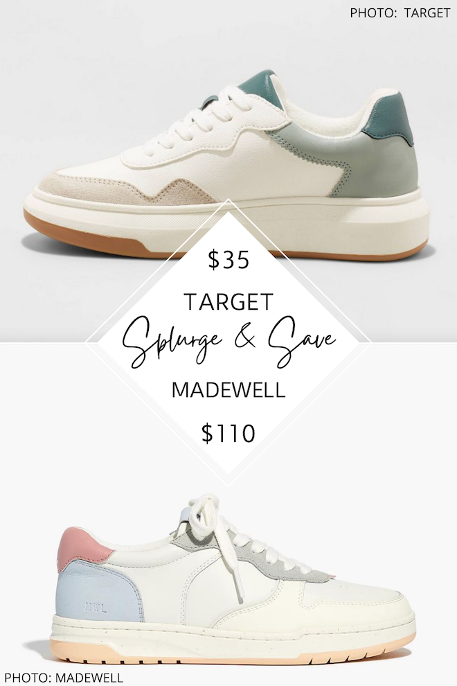 These minimalist, vintage style sneakers are Madewell dupes! They have muted pastels and are available in white, pink, blue, and green. I'm going to call this one of the Best Target Finds for 2022. #fashion #shoes #sneakers #runningshoes #lookforless #style
