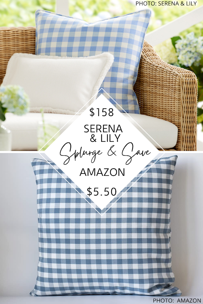 These Serena and Lily pillow dupes are from Amazon! I found a Serena and Lily Perennials Classic Gingham Pillow Cover dupe in light blue and navy blue buffalo print for just $15 each. #gingham #plaid #outdoor #patio #pillows #coastal #decor #lookforless