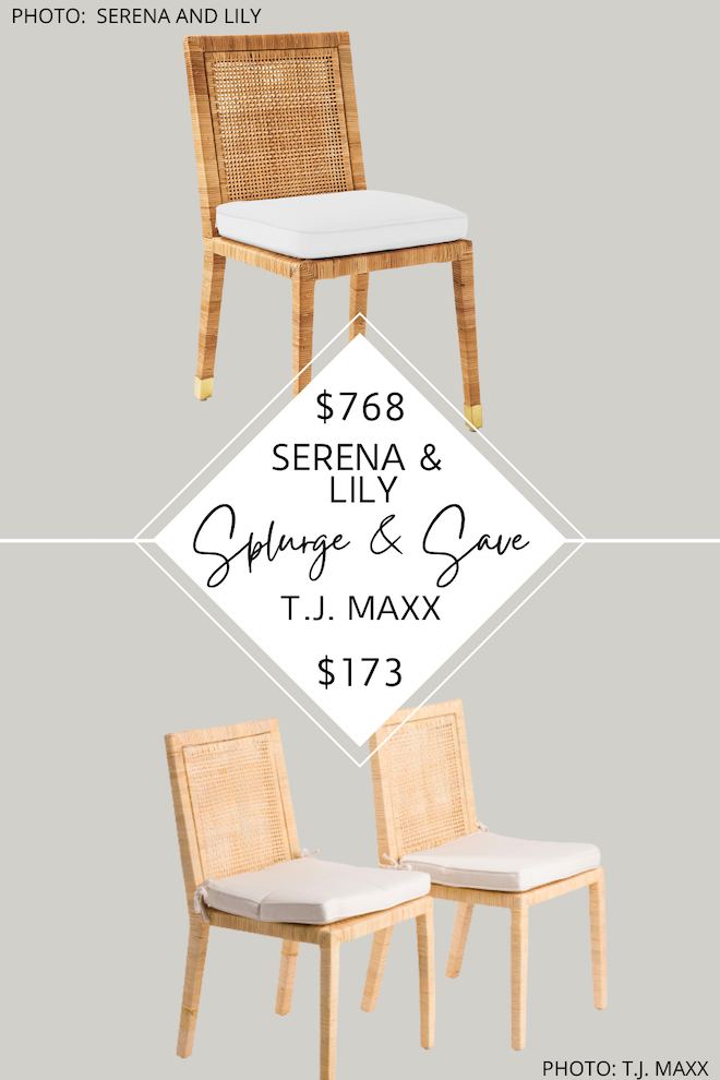 This Serena and Lily Balboa dining chair dupe will give you the coastal furniture look for less.  These would go great at a dining table, but could also be used as an office chair, at a kitchen nook, or at a kitchen table. I love the natural / tan rattan, but they also come in grey. #inspo #decor #lookforless #design #coastal #home #furniture #serenaandlily