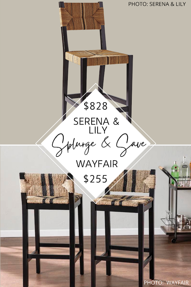 These Serena and Lily Carson Bar and Counter stool dupes will give you the Serena and Lily look for less. They are available at TJ Maxx and feature similar striped rattan / wicker. #inspo #decor #coastal #design #furniture #serenaandlily #lookforless