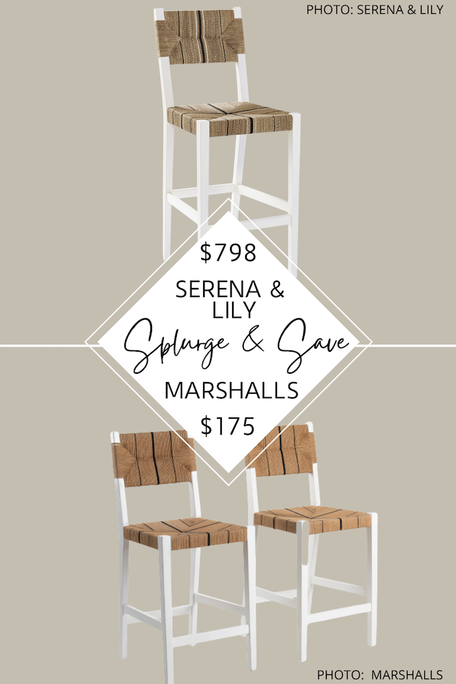 Can we talk about this Serena and Lily dupe!? This Serena and Lily Carson Bar stool and counter stool dupe will give you the Serena and Lily look for less. If you love coastal decor, these Serena and Lily bar stool dupes are for you. #lookforless #coastal #kitchen #diningroom #decor #furniture #tjmaxx #design