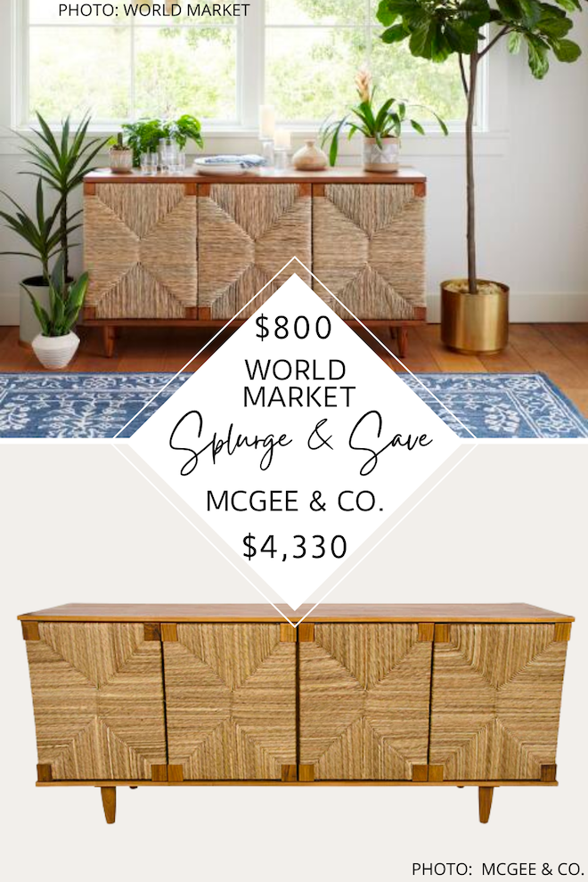 I found a Lulu and Georgia Sian Small Cabinet dupe and a McGee and Co. Wesley 4-Door Sideboard dupe! All of these small and large cabinets feature woven cupboards and a coastal style and can be used as a buffet, sideboard, credenza, or storage cupboard. #decor #lookforless #design #luxforless #luxury #livingroom #diningroom