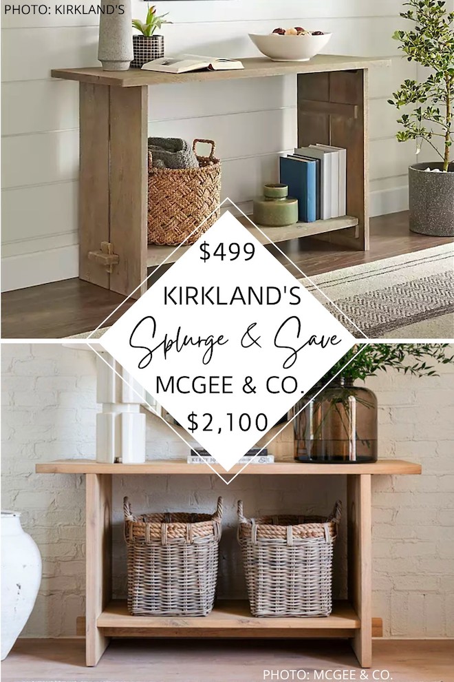 I found a McGee and Co. Eileen Console Table dupe that will help you get the Studio McGee look for less. If you love rustic console tables with that bleached oak look, you need this entryway table in your life! #inspo #decor #design #lookforless #copycat #dupes