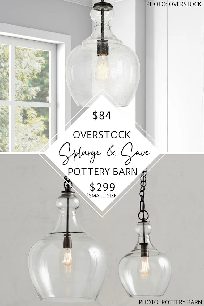 I've got more Pottery Barn dupes! Get the Pottery Barn look for less with this Pottery Barn Flynn Recycled Glass Pendant dupe. If you've always dreamed of having a Pottery Barn kitchen, these modern farmhouse pendants are for you. #ideas #style #lookforless #copycat #dupes #style #decor #design #homedecor #kitchen #lighting